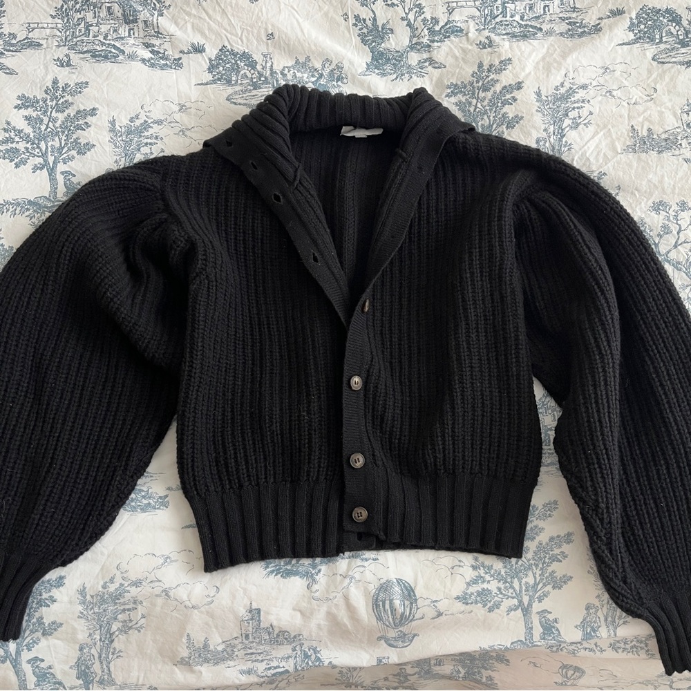 Something Navy Daisy Balloon Puff Sleeve Crop Cardigan Sweater 100% Wool